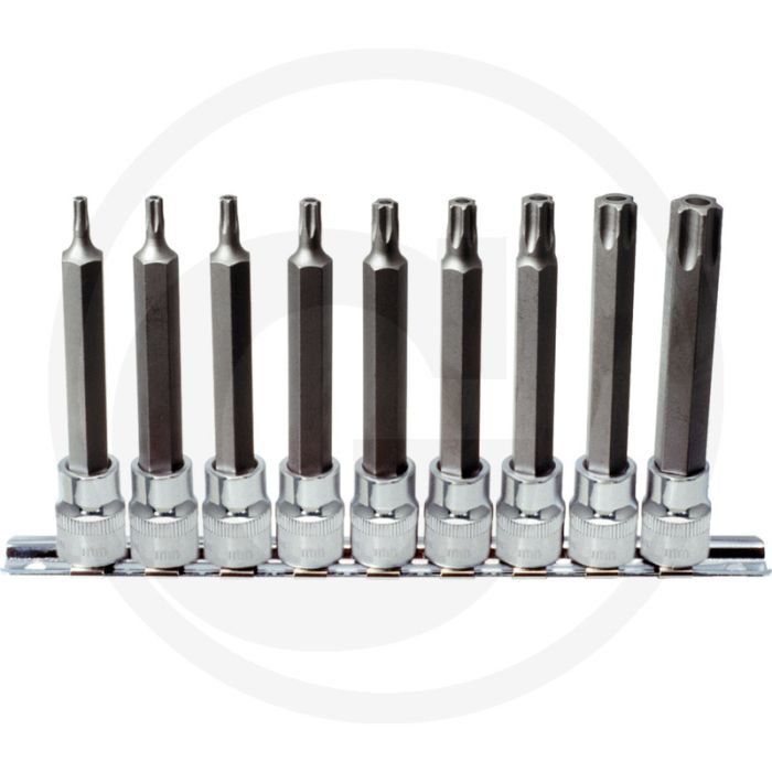Ks tools 3/8" chromeplus® bit-dopsleutelset voor tx-schroeven met boring, lang, 9-delig - chroom vanadium, 650g Ks tools 3/8" chromeplus® bit-dopsleutelset voor tx-schroeven met boring, lang, 9-delig - chroom vanadium, 650g