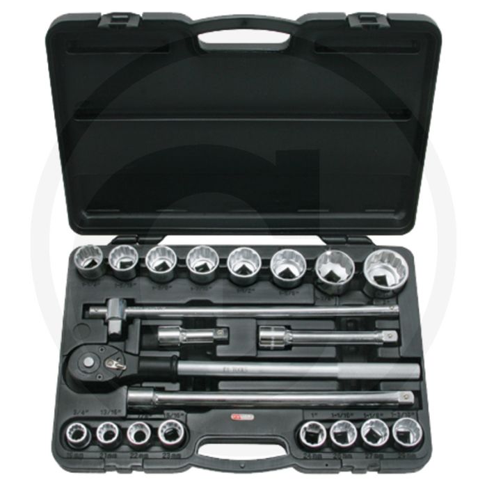 Ks tools 3/4" dopsleutelset, 21-delig, flanktraction-profiel, 12-kant, chroom vanadium Ks tools 3/4" dopsleutelset, 21-delig, flanktraction-profiel, 12-kant, chroom vanadium