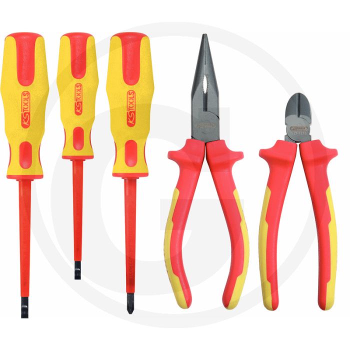 Ks tools ergotorque® vde zangen- en schraubendreher-satz, 5-delig - 2-komponentengriff, matt verchromt/brüniert Ks tools ergotorque® vde zangen- en schraubendreher-satz, 5-delig - 2-komponentengriff, matt verchromt/brüniert