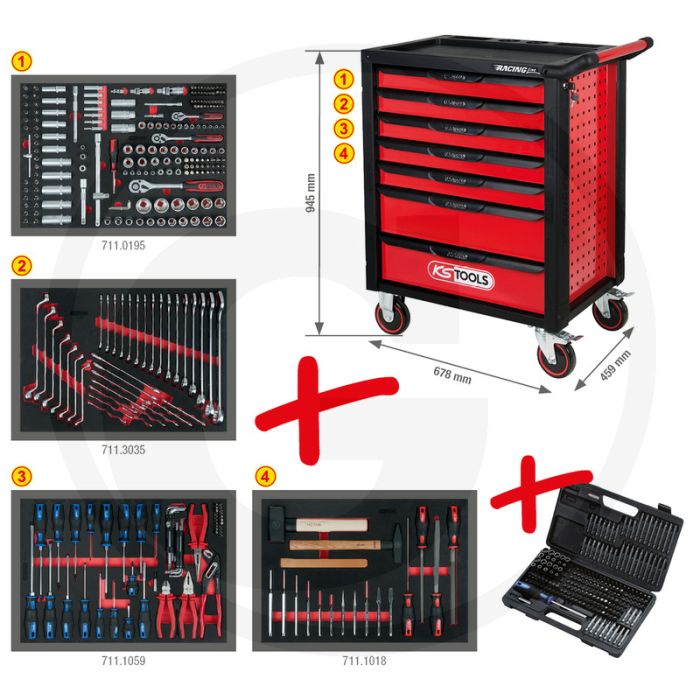 Ks tools gereedschapswagen met 7 laden, 515 delig - zwart / rood, 788x976x496mm, 0,9mm plaatdikte Ks tools gereedschapswagen met 7 laden, 515 delig - zwart / rood, 788x976x496mm, 0,9mm plaatdikte