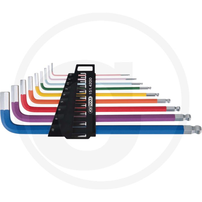 Ks tools haakse binnenzeskant-stiftsleutelset 9-delig extra lang - sw 1,5-10 mm, kogelkop, kleurcodering Ks tools haakse binnenzeskant-stiftsleutelset 9-delig extra lang - sw 1,5-10 mm, kogelkop, kleurcodering