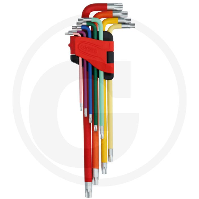 Ks tools tx-stern-winkelstiftschlüssel-satz, extra lang, 9- - torx®, matt verchromt, farbcode, klapphalter Ks tools tx-stern-winkelstiftschlüssel-satz, extra lang, 9- - torx®, matt verchromt, farbcode, klapphalter