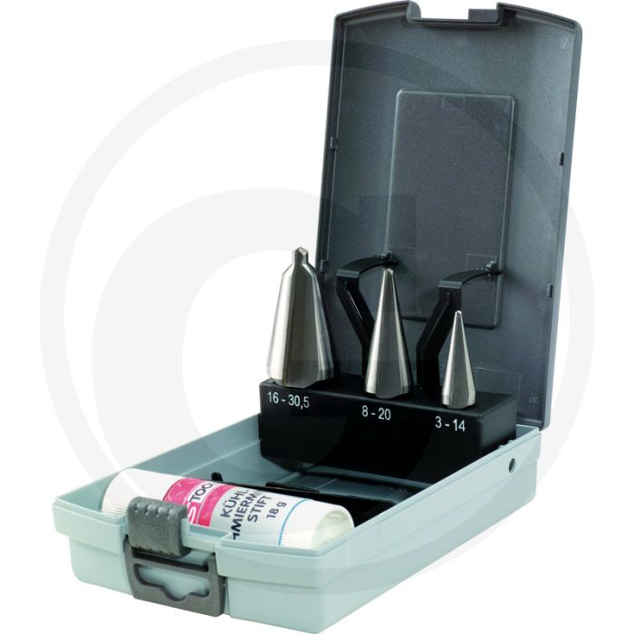 Ks tools hss conische plaatstaalboor-set in kunst 4-dlg - 118° spitshoek Ks tools hss conische plaatstaalboor-set in kunst 4-dlg - 118° spitshoek