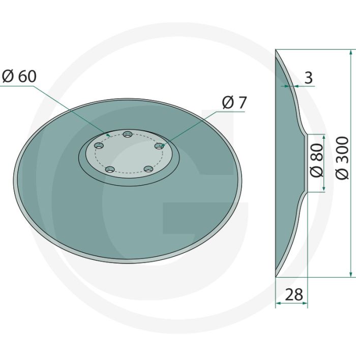 Ruimer-schijf 300mm glad 7mm borings-Ø 28mm buiging