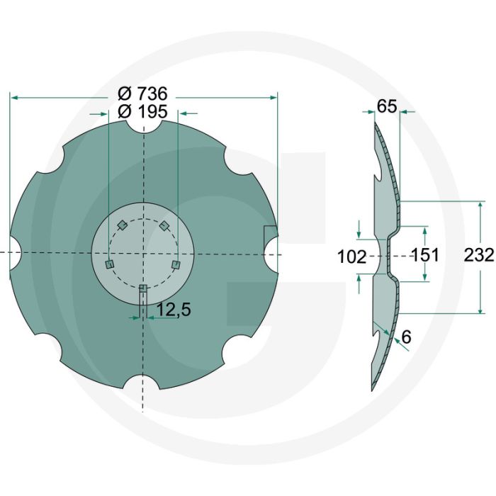 Eggeschijf getand - buiten-Ø: 736mm, dikte: 6mm, aantal tanden: 10