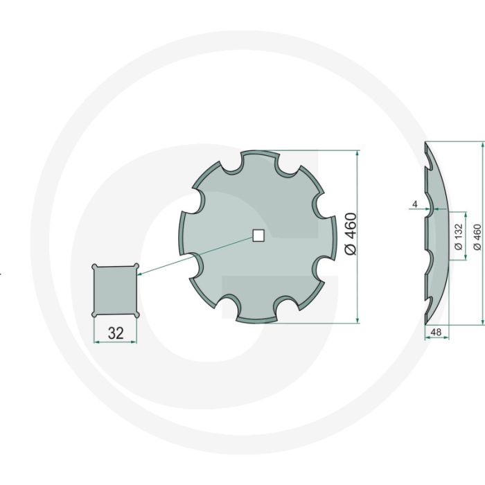 Eggeschijf getand 460mm buiten-Ø 18" dikte 4mm 9 tanden 48mm buiging