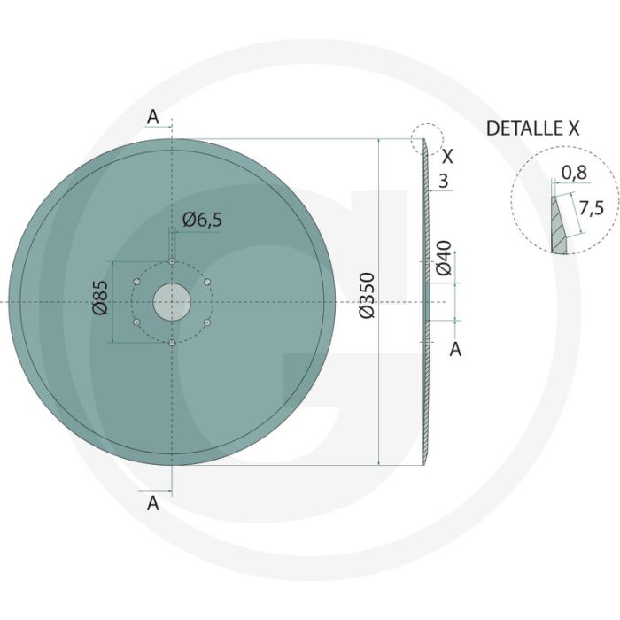 Eggeschijf Ø: 351 x 39 x 3 mm - 6 gat, glad, 85 mm gatafstand