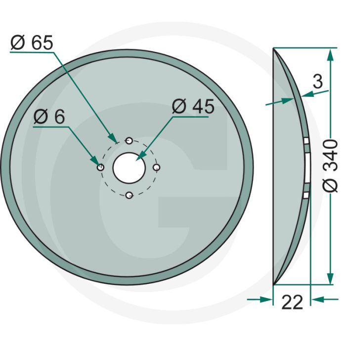 Schijfkouter glad, Ø: 340 x 3 mm - gatafstand-Ø: 65 mm