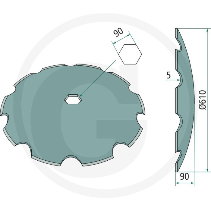 Eggeschijf getand, Ø: 610 x 5 mm, voor 6-kant as - 10 tanden