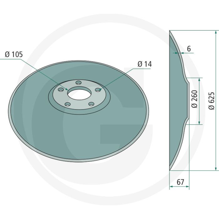 Eggeschijf glad, Ø: 625 x 6 mm - buiten-Ø: 625mm, dikte: 6mm, gatafstand-Ø: 135mm, aantal boringen: 5
