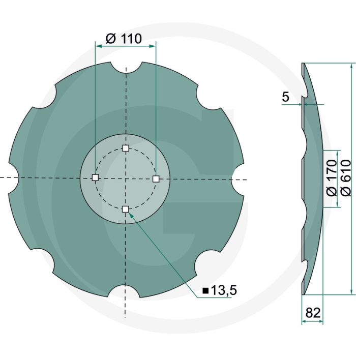 Roue dentée, Ø : 610 x 5 mm - 10 dents