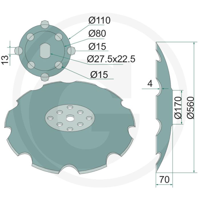 Eggeschijf getand, Ø: 560 x 4 mm - 10 tanden, 8 boringen
