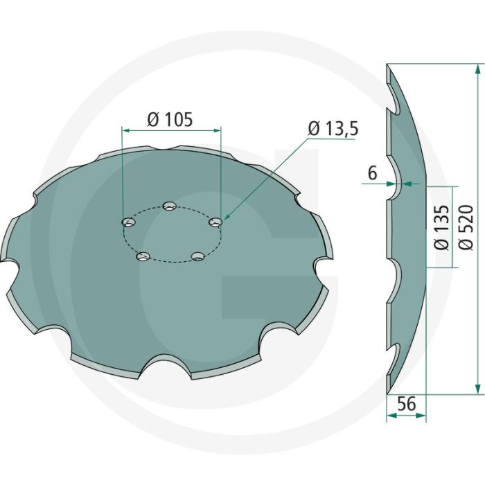 Eggeschijf getand - buiten-Ø: 520mm, dikte: 6mm, aantal tanden: 10