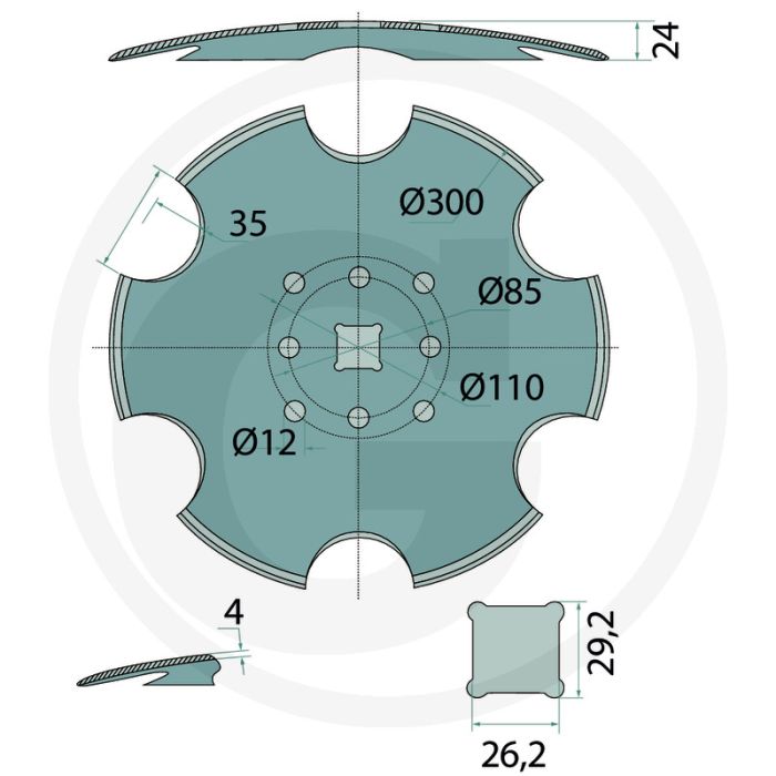 Eggeschijf getand, Ø: 300 x 4 mm - 6 tanden.