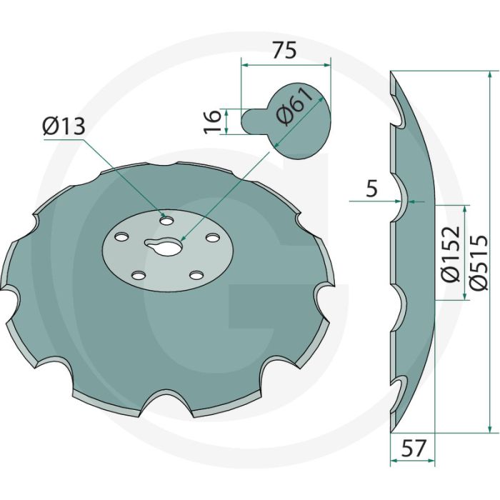 Eggeschijf getand - buiten-Ø: 515mm, dikte: 5mm, aantal tanden: 10