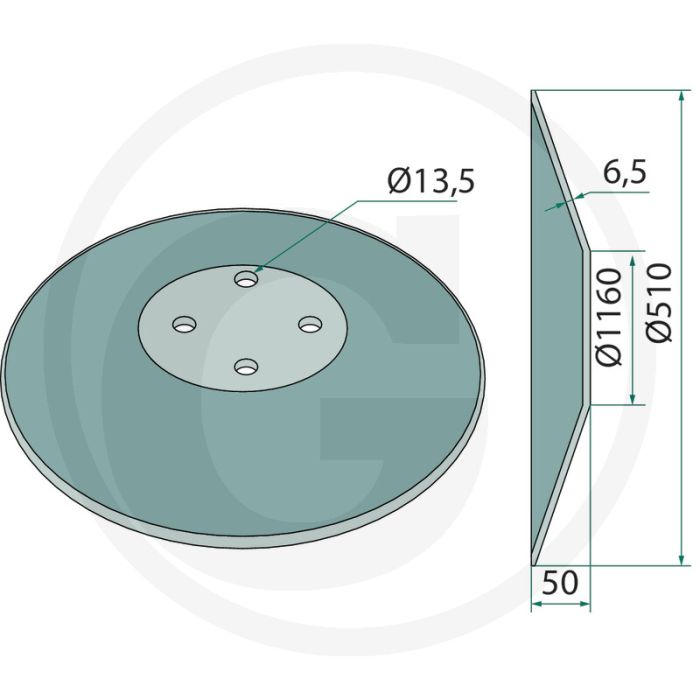 Eggeschijf 510mm buiten-Ø glad 4 boringen 13mm borings-Ø 50mm buiging