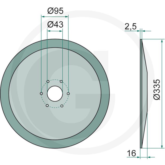 Schijfkouter glad, Ø: 335 x 2,5 mm - gatafstand-Ø: 95 mm