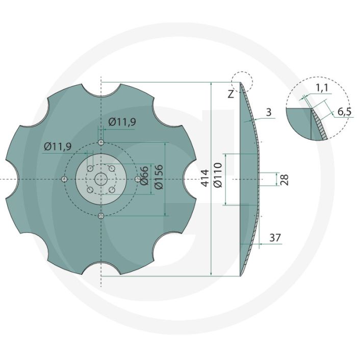 Schijf voor markeur - getand, Ø 414mm, 3mm dikte, 8 boringen