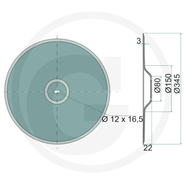 Schijfkouter glad, Ø: 345 x 3 mm - buiten-Ø: 345mm, dikte: 3mm, borings-Ø: 12 x 16,5mm