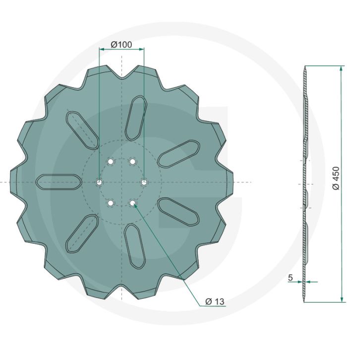Schijfkouter getand - 450 mm buiten-Ø, 5 mm dikte, 14 tanden