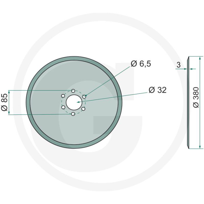 Zaaischijf Ø 380 x 3 mm - 6 gat - glad uitvoering