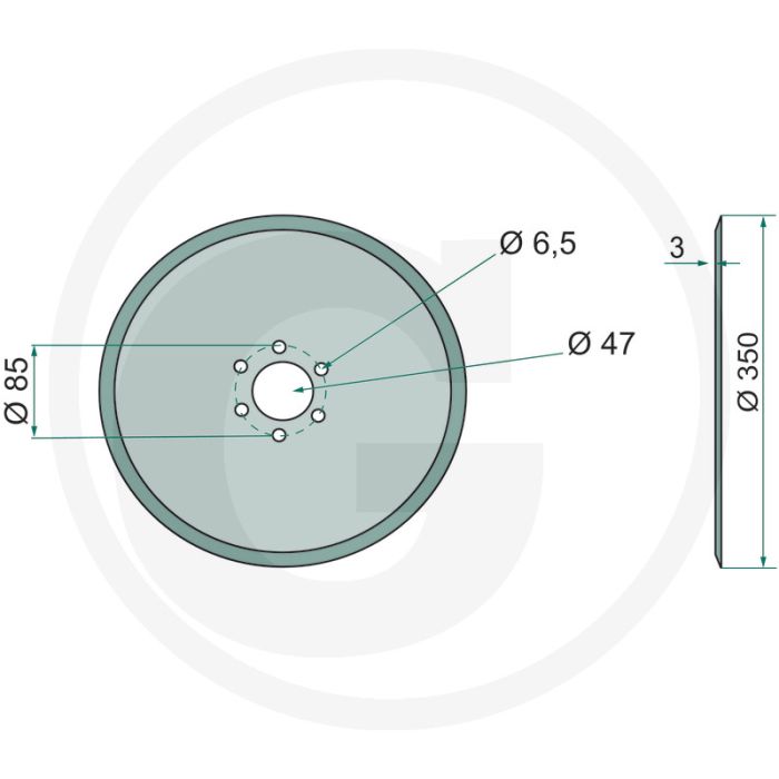 Zaaischijf Ø: 350 x 3 mm, steek-Ø: 85 mm - 6 boringen