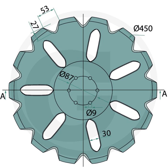Schijfkouter 450mm getand 14 tanden 9mm borings-Ø