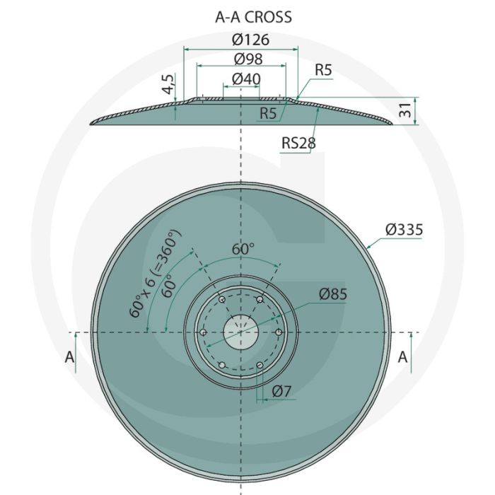 Eggeschijf glad markeur 335 x 4.5 - buiten-Ø: 335mm, dikte: 4,5mm, gatafstand-Ø: 85mm