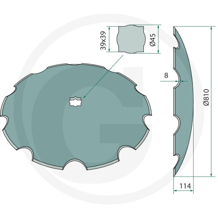 Eggeschijf getand 810mm buiten-Ø, 10 tanden, 114mm buiging