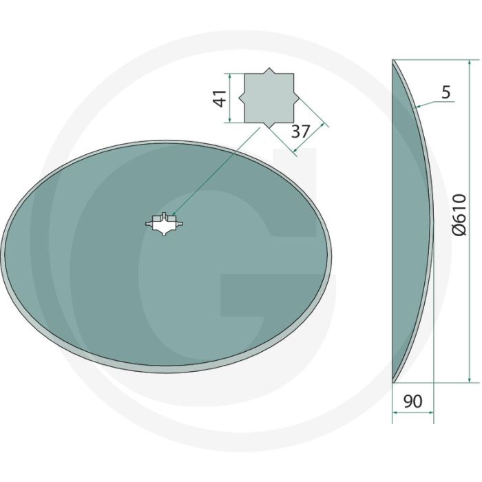 Tellerscheibe 610mm Ø glatt 90mm buiging 41/37mm naafvierkant