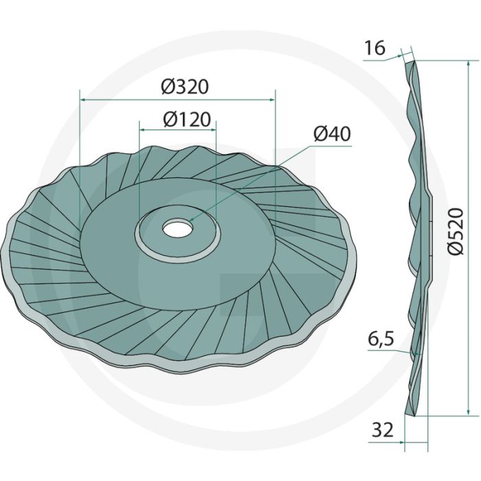 Tellerscheibe rechts - buiten-Ø: 520mm, dikte: 6,5mm, uitvoering: gewellt, naafgat-Ø: 40mm