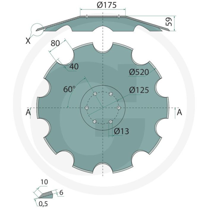 Sechsscheibe gezackt 520 x 6 mm / 6-loch - 520 x 6 mm, 10 tanden