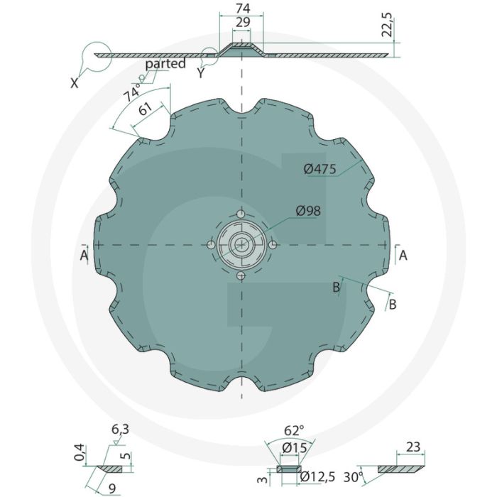 Tellerscheibe 475mm Ø, 5mm dikte, gezahnt, 10 tanden
