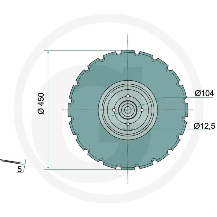 Eggeschijf 450mm getand 20 tanden 12,5mm 30mm bend