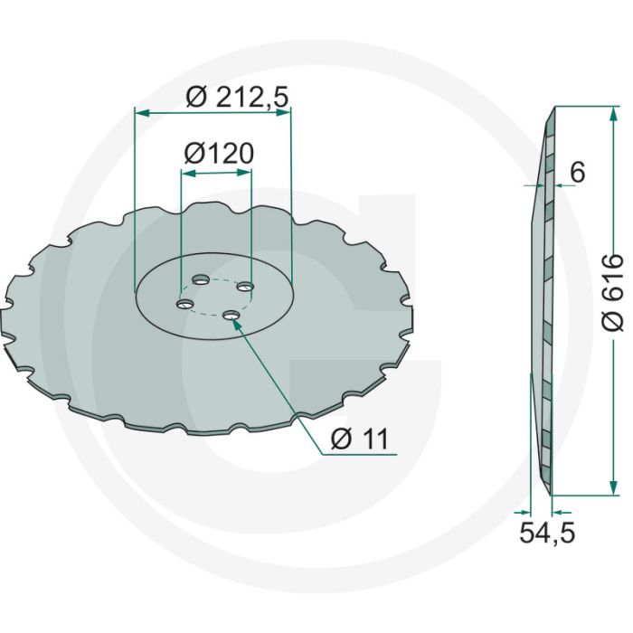 Scheibe gezackt - buiten-Ø: 616mm, dikte: 6mm, gatafstand-Ø: 120mm, aantal tanden: 20