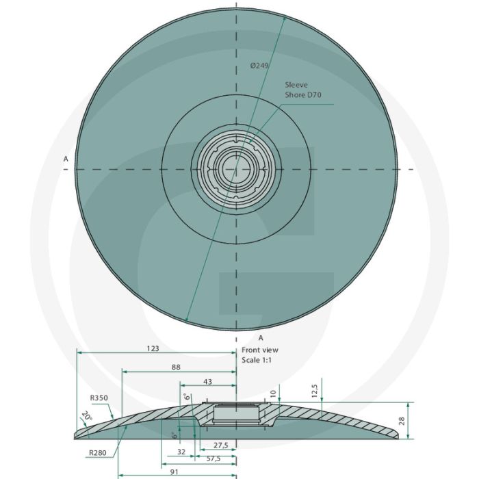 Flexibele schijf met lagerhuis, binnengat-Ø: 21,2 mm binnen-Ø lagerhuis: 35 mm buiten-Ø: 249 mm - dikte: 10mm