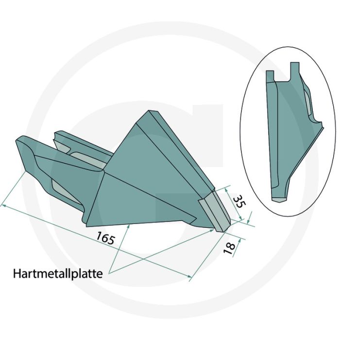 Heavy duty schaarpunt rechts met hardmetalen plaatje 165mm Heavy duty schaarpunt rechts met hardmetalen plaatje 165mm