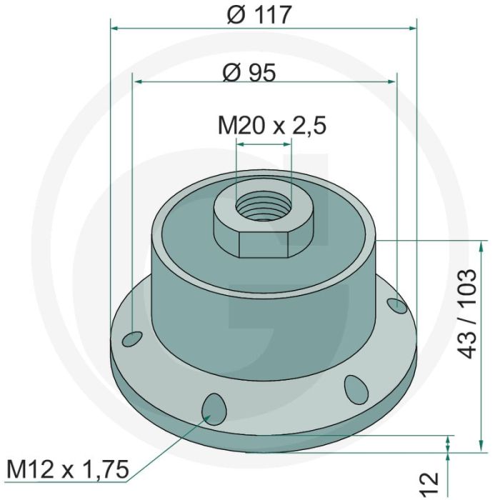Lager compleet type: pronto Ø117 m20 x 2,5 h1 12 h43/103 m12 x 1,75