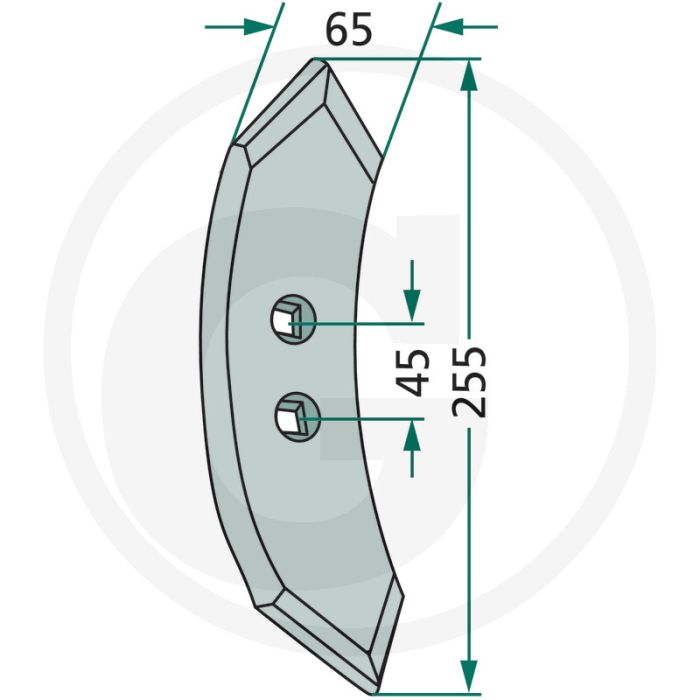 Schaar radius: 300, gatafstand: 45 mm - 255 x 65 x 8 mm