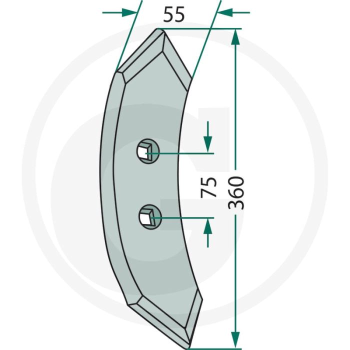 Beitel radius: 300 gatafstand: 75 mm - afmetingen (mm): 360 x 55 x 15