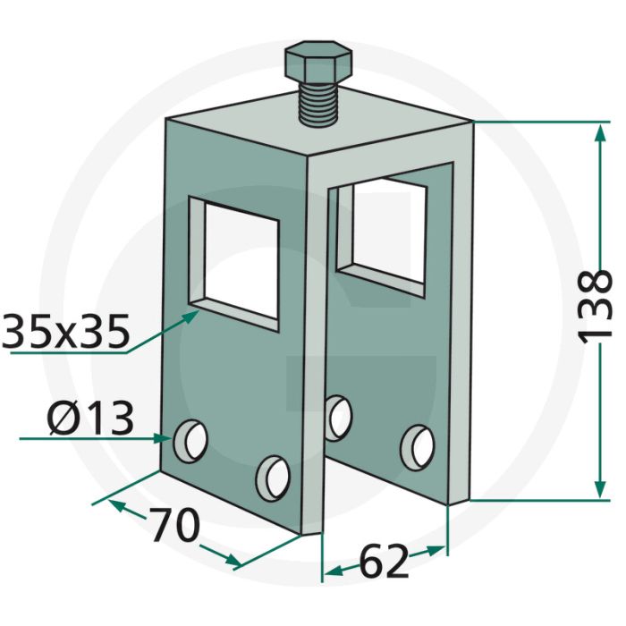 Houder compleet, met bouten en zelfborgende moeren voor framebalk 60 x 60 mm tanden 32 x 10 mm, 32 x 12 mm -  beschikbaar in diverse maten