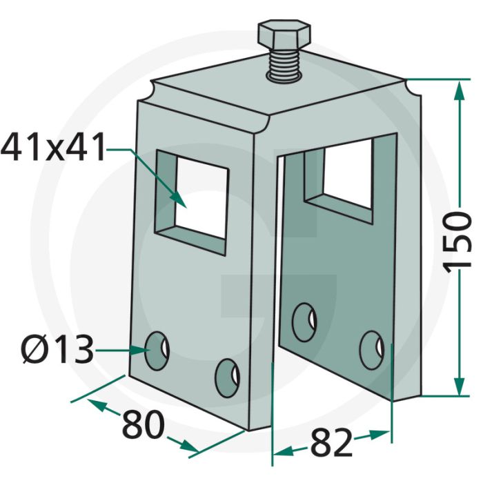 Houder compleet, met bouten en zelfborgende moeren voor framebalk 80 x 80 mm tanden 40 x 10 mm, 40 x 12 mm - 80 x 80 mm framebalk
