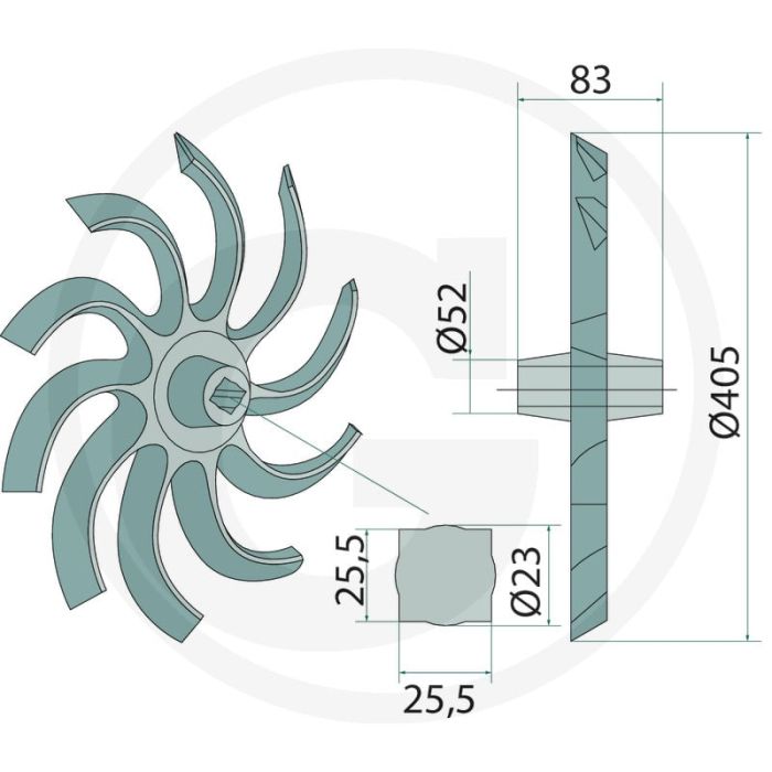 Hakselster rechts - afmetingen: loopbreedte 22mm, naafbreedte 83mm, voor as-Ø 25mm