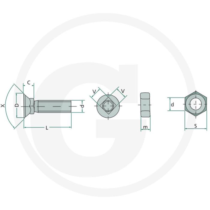 Ploegbouten met moer kwaliteitsklasse: 10,9 - m16x2 - rond met vierkant