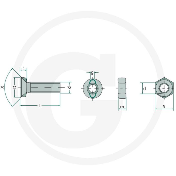 Ploegbouten met moer kwaliteitsklasse 8,8 90mm m20 din 11014 rond met 2 nokken