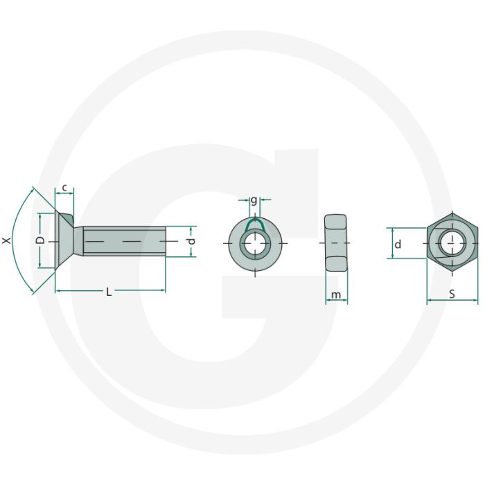 Ploegbouten met moer kwaliteitsklasse: 10,9 - lengte 25mm