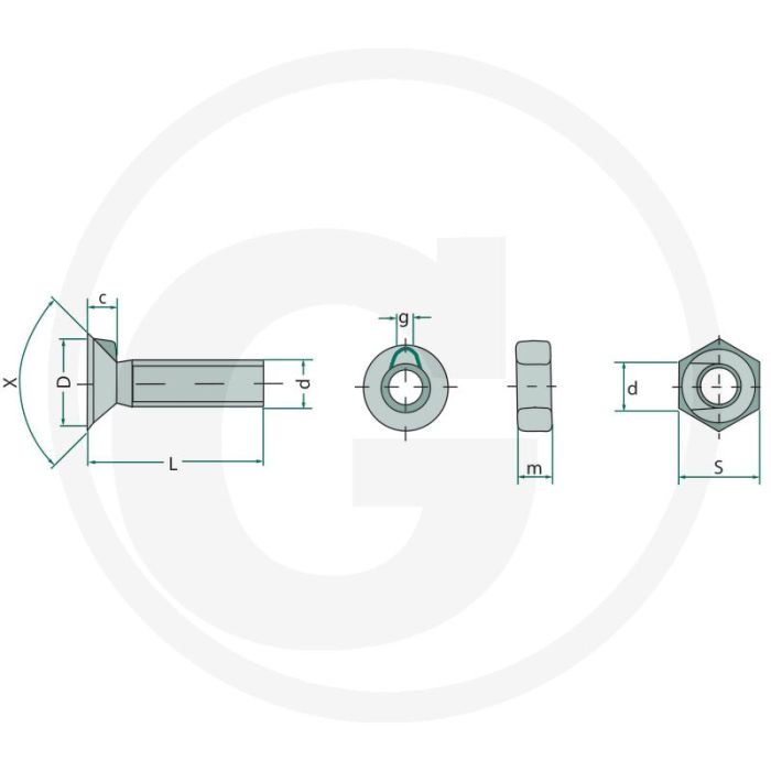 Ploegbouten met moer kwaliteitsklasse 10.9 l=60mm m12x1,75 din 604