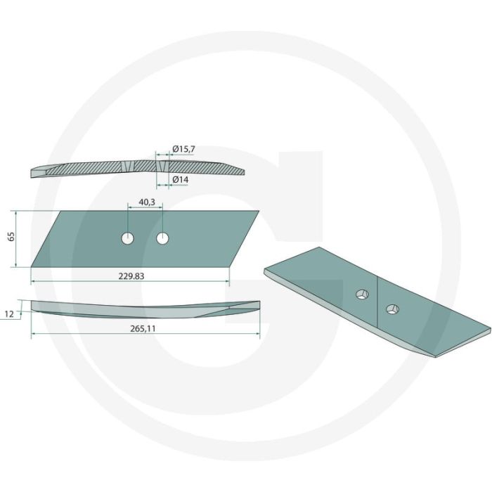 Schaarpunt links, dikte 12 mm, inclusief schroeven - breedte 65mm
