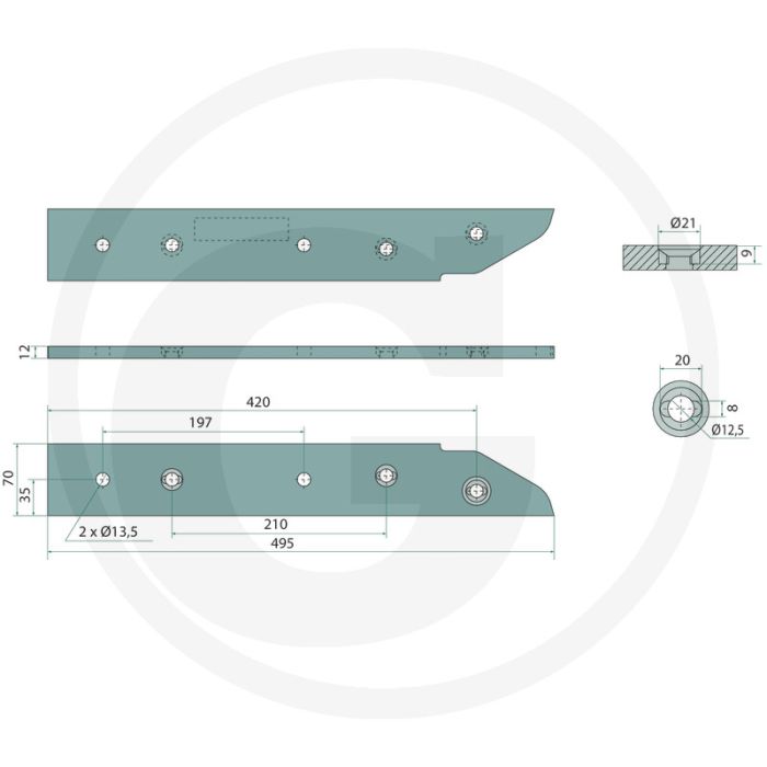 Zoolijzer links - afmetingen: 495 x 70 x 12 mm