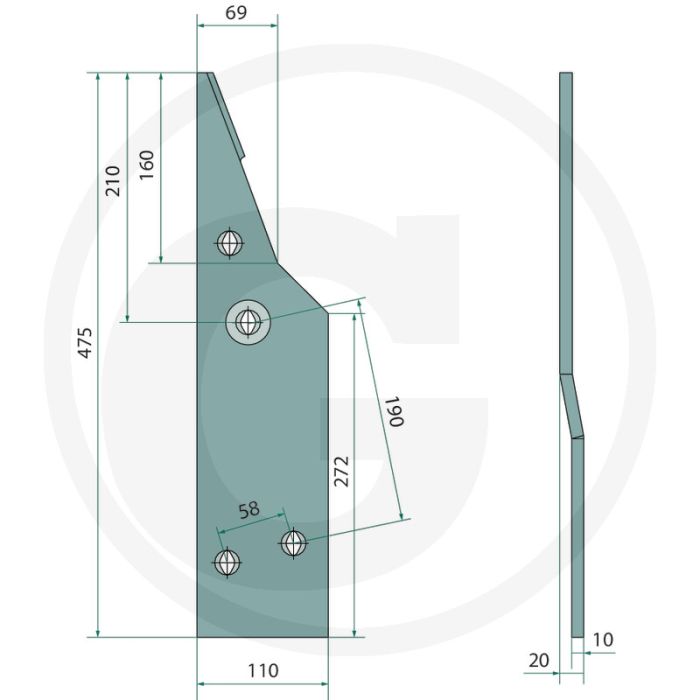 Zoolijzer kort rechts - passend voor lichaam: yl, ylr, afmetingen: 475 x 10 mm